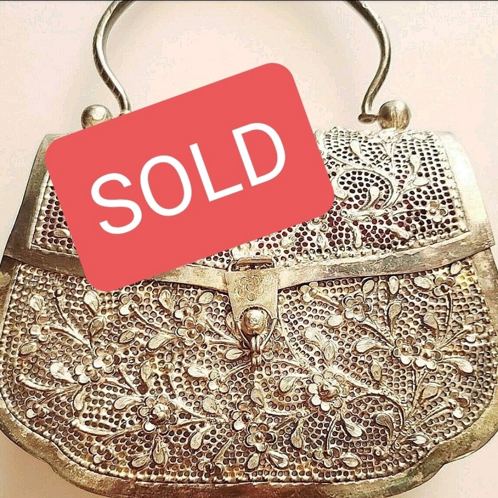 Vintage 1960s Etched Silverplate HANDBAG Purse Bag